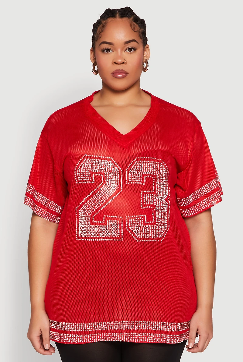 Womens Plus Size Rhinestone Varsity Stripe Mesh Jersey, Red, Size 1X