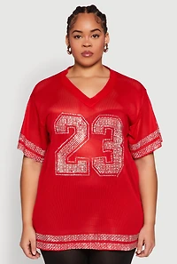 Womens Plus Size Rhinestone Varsity Stripe Mesh Jersey, Red, Size 1X