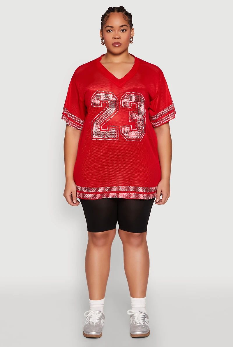 Womens Plus Size Rhinestone Varsity Stripe Mesh Jersey, Red, Size 1X