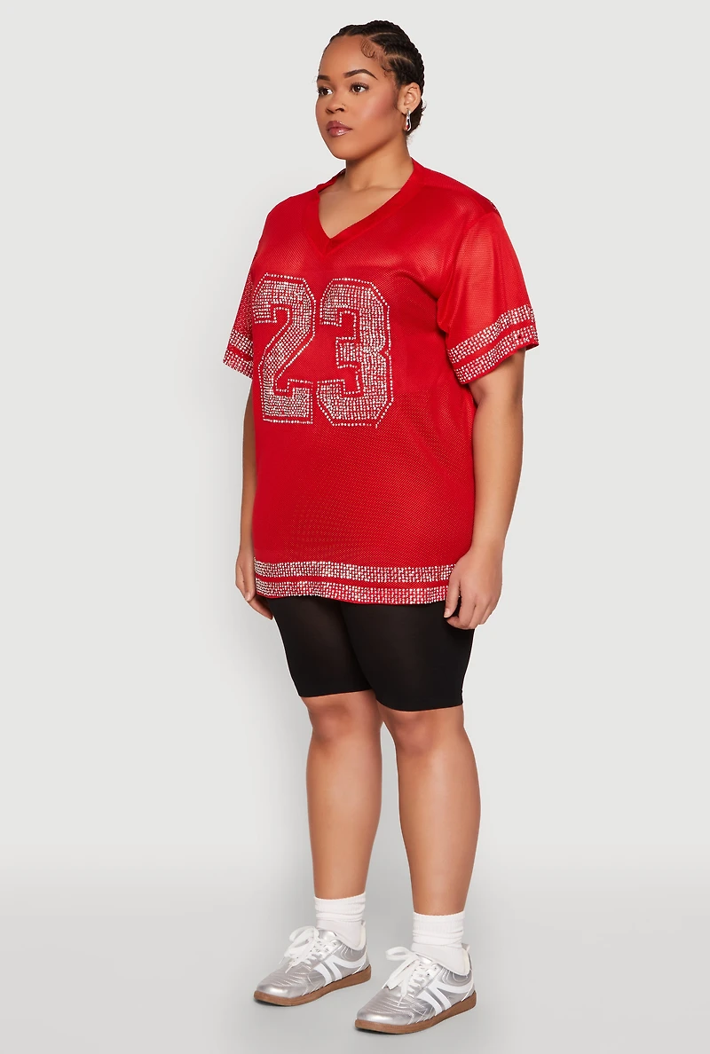 Womens Plus Size Rhinestone Varsity Stripe Mesh Jersey, Red, Size 1X