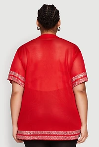 Womens Plus Size Rhinestone Varsity Stripe Mesh Jersey, Red, Size 1X