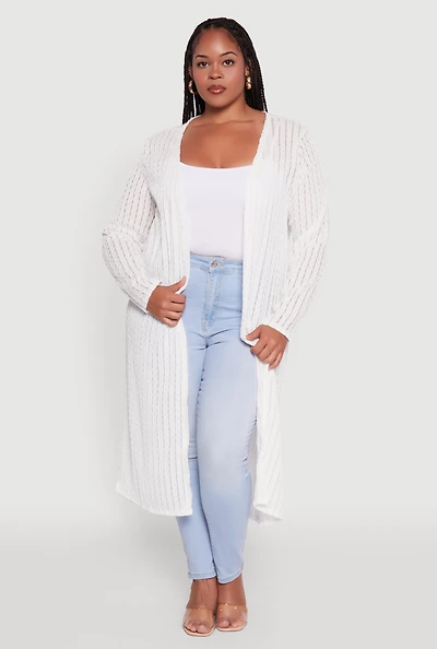 Womens Plus Size Shadow Stripe Long Sleeve Duster, White, Size 2X