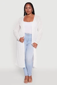 Womens Plus Size Shadow Stripe Long Sleeve Duster, White, Size 2X