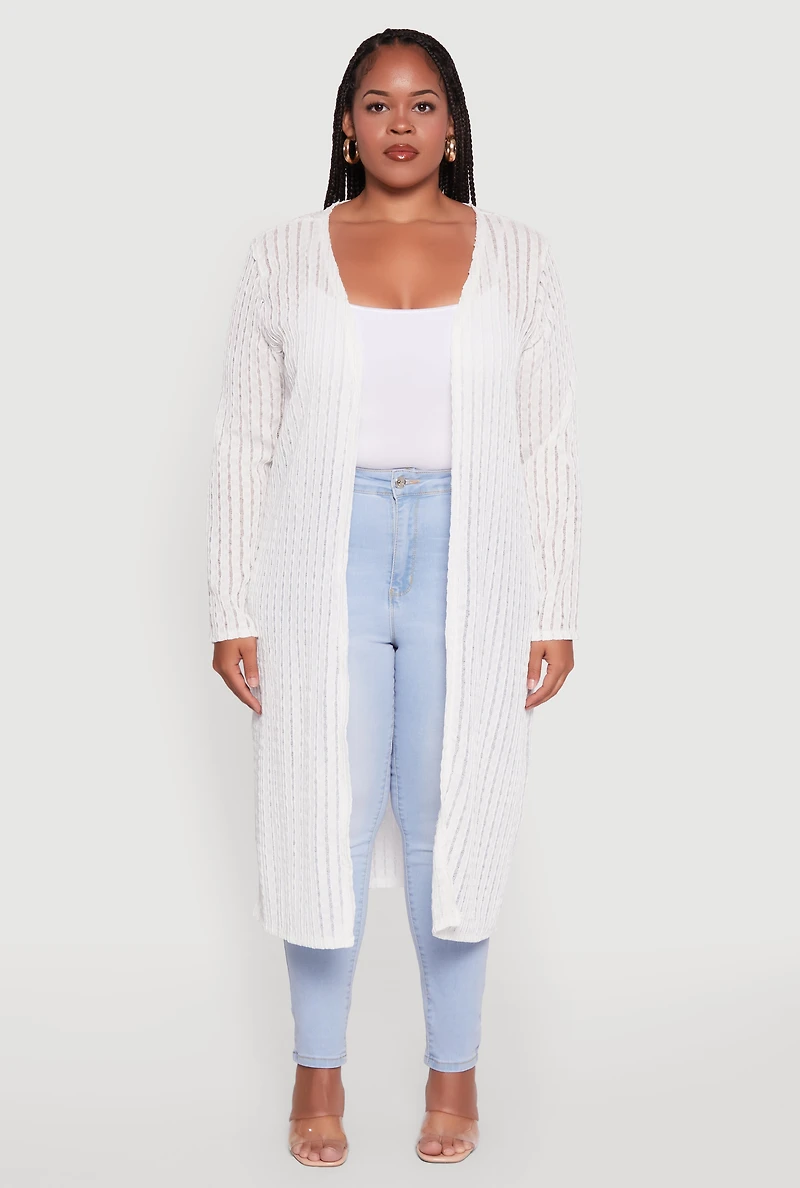 Womens Plus Size Shadow Stripe Long Sleeve Duster, White, Size 2X