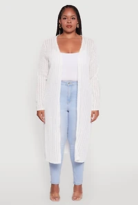 Womens Plus Size Shadow Stripe Long Sleeve Duster, White, Size 2X