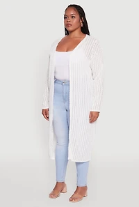 Womens Plus Size Shadow Stripe Long Sleeve Duster, White, Size 2X