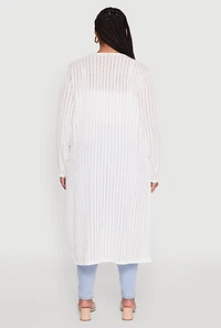Womens Plus Size Shadow Stripe Long Sleeve Duster, White, Size 2X
