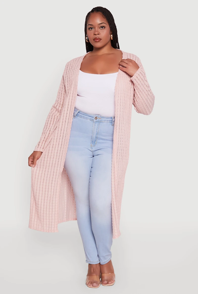 Womens Plus Size Shadow Stripe Long Sleeve Duster, Pink, Size 2X