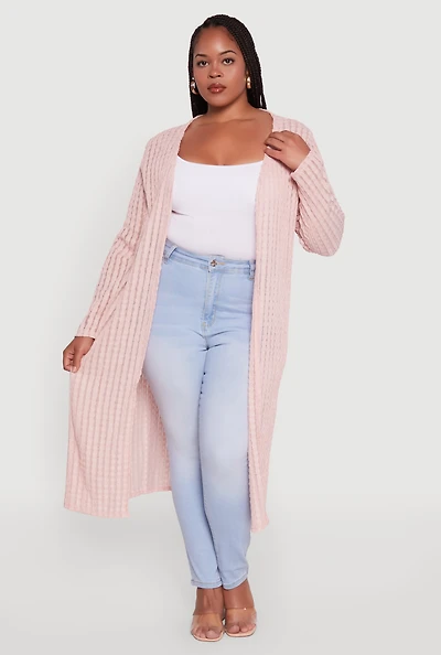 Womens Plus Size Shadow Stripe Long Sleeve Duster, Pink, Size 2X