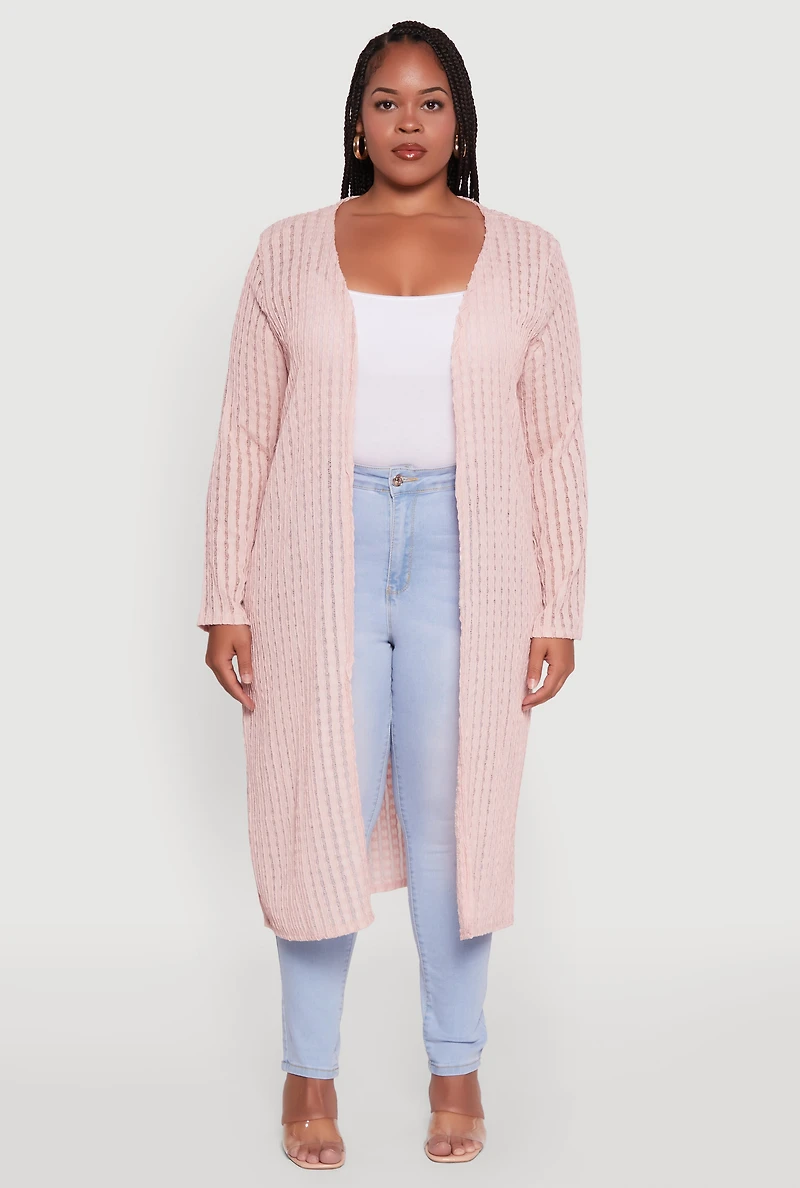 Womens Plus Size Shadow Stripe Long Sleeve Duster, Pink, Size 2X