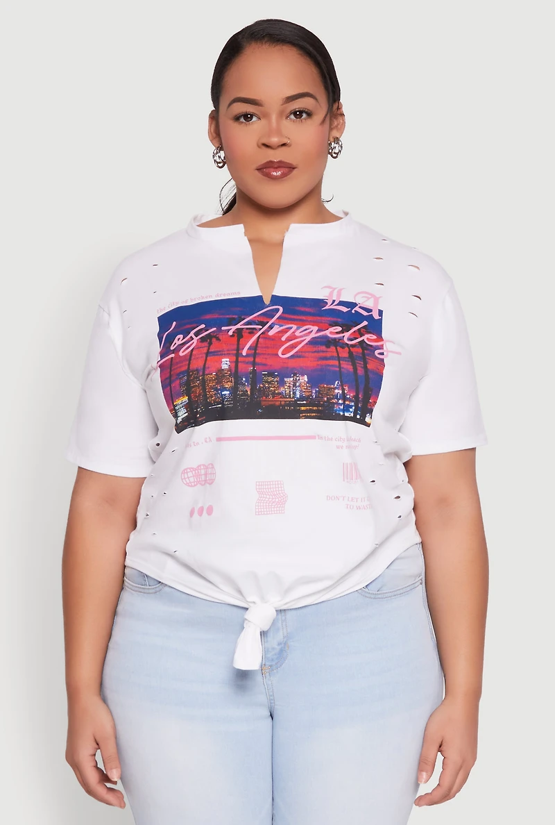 Womens Plus Size Los Angeles Slashed Graphic Tee, White, Size 1X