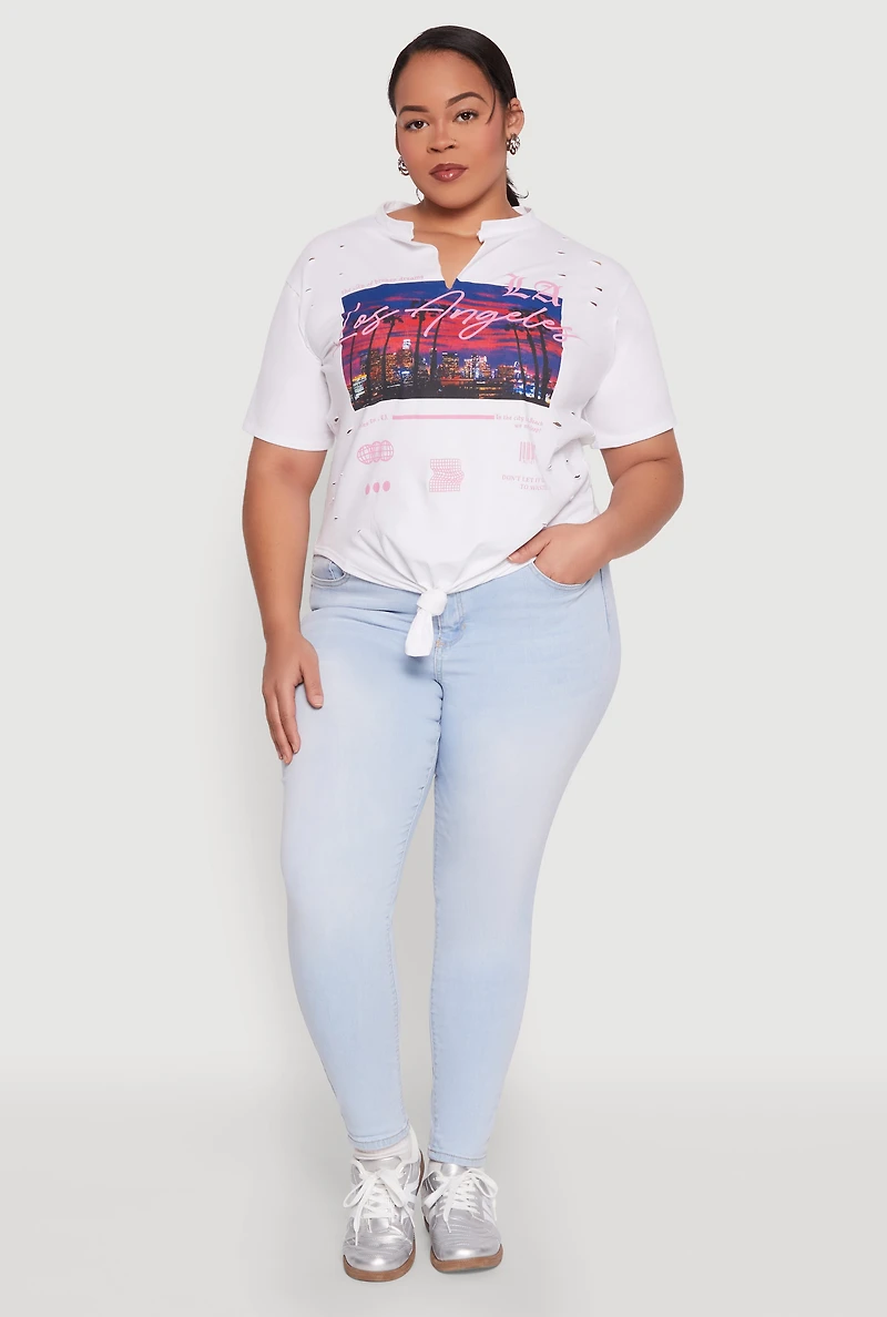 Womens Plus Size Los Angeles Slashed Graphic Tee, White, Size 1X