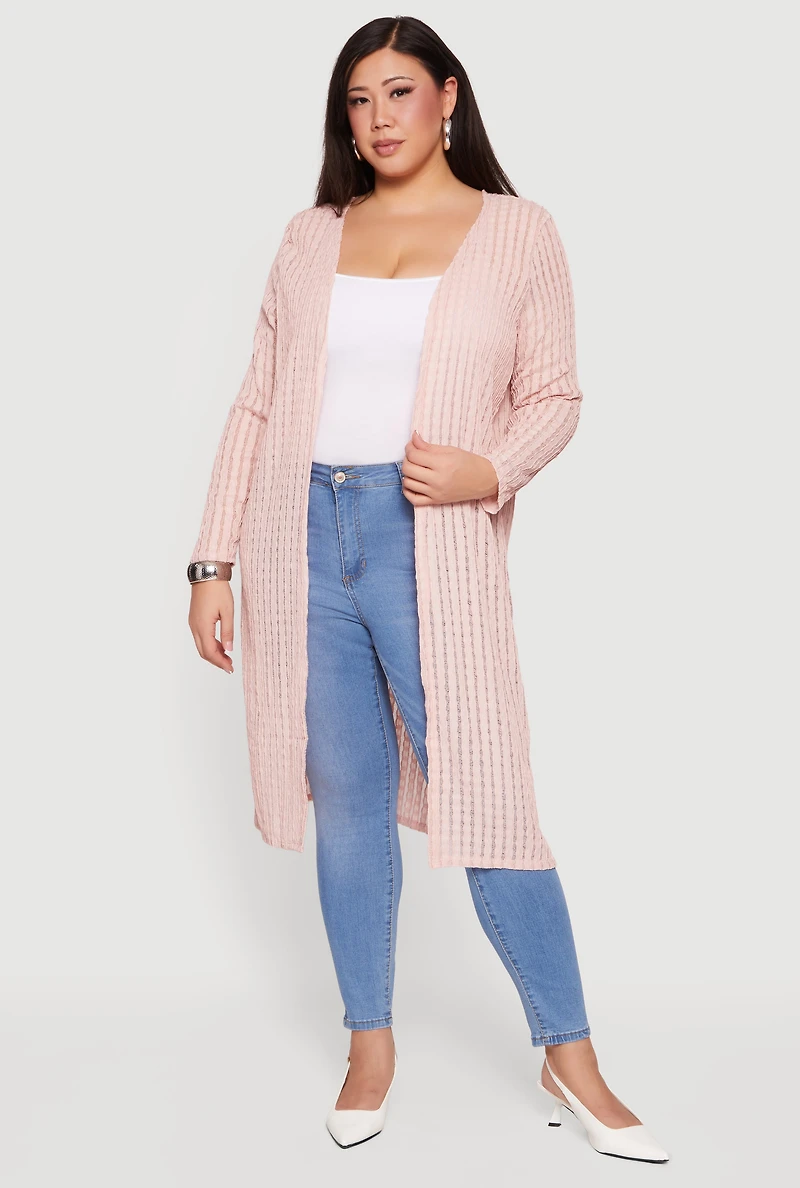 Plus Textured Knit Long Sleeve Open Front Duster
