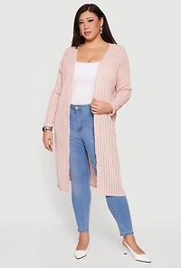 Plus Textured Knit Long Sleeve Open Front Duster