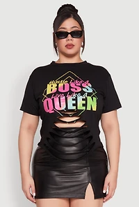Womens Plus Size Laser Cut Boss Queen Graphic Tee, Black, Size 1X