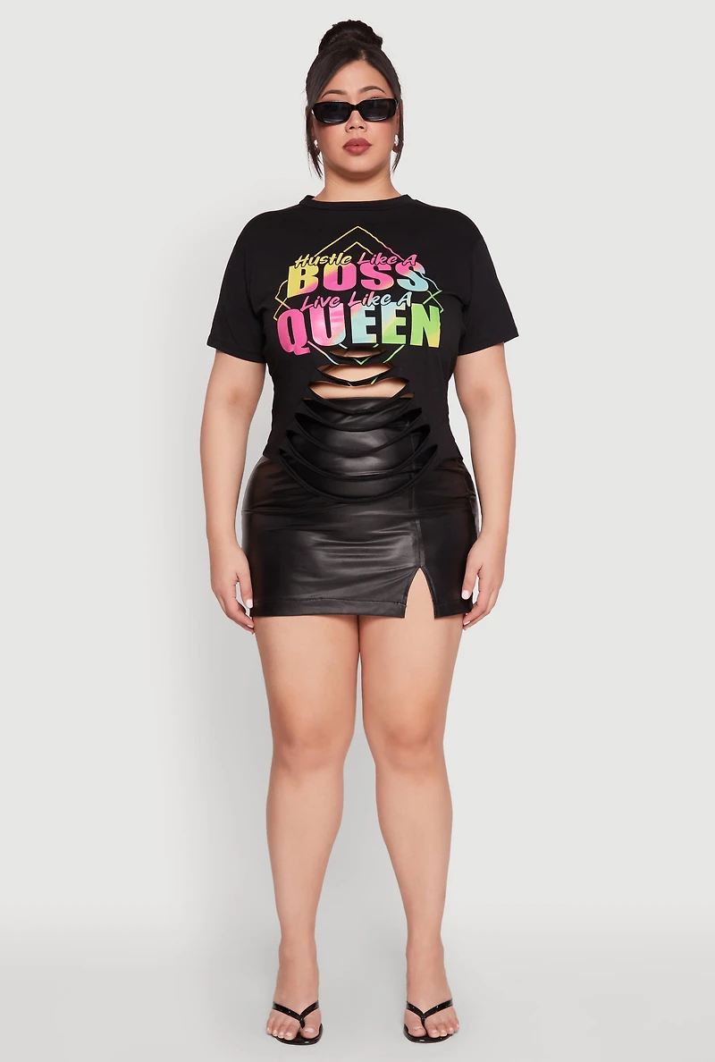 Womens Plus Laser Cut Boss Queen Graphic Tee, Black,