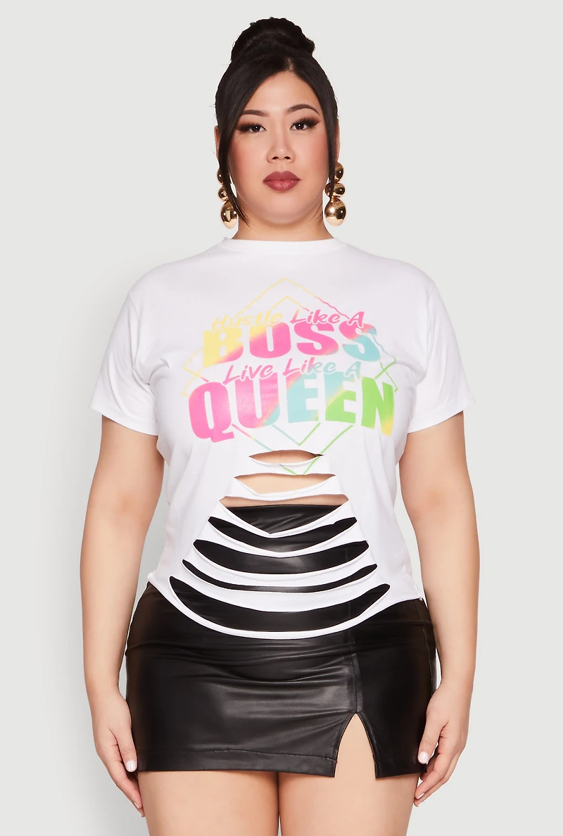 Womens Plus Size Laser Cut Boss Queen Graphic Tee, White, Size 1X