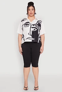 Womens Plus Size Rhinestone Abstract Face Graphic Shirt, White, Size 2X
