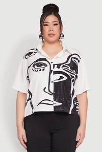 Womens Plus Size Rhinestone Abstract Face Graphic Shirt, White, Size 2X