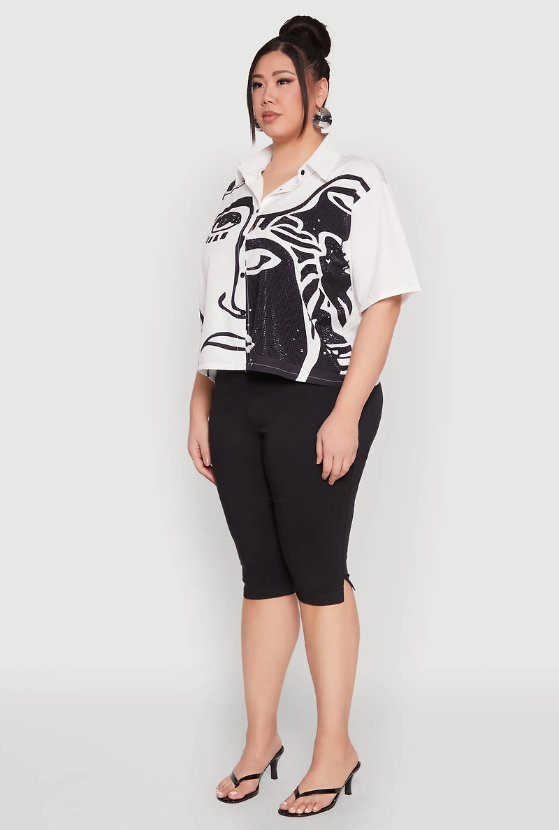 Womens Plus Rhinestone Abstract Face Graphic Shirt, White,