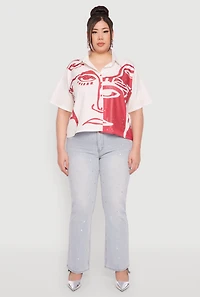 Womens Plus Rhinestone Abstract Face Graphic Shirt, White,