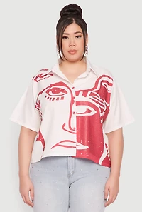 Womens Plus Rhinestone Abstract Face Graphic Shirt, White,