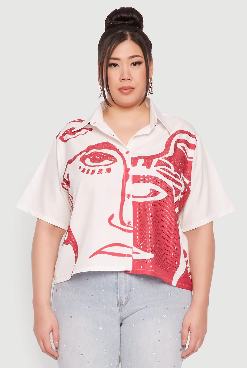 Womens Plus Rhinestone Abstract Face Graphic Shirt, White,