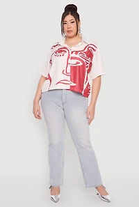Womens Plus Rhinestone Abstract Face Graphic Shirt, White,