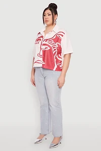 Womens Plus Rhinestone Abstract Face Graphic Shirt, White,
