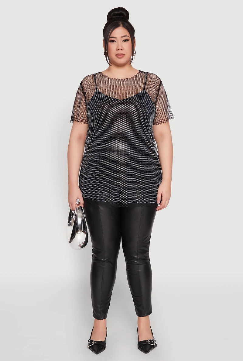 Womens Plus Size Rhinestone Studded Fishnet Top, Black, Size 1X