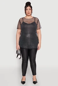 Womens Plus Size Rhinestone Studded Fishnet Top, Black, Size 1X
