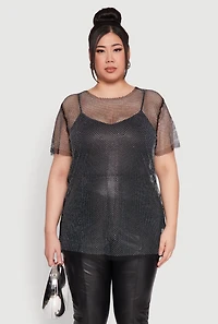 Womens Plus Size Rhinestone Studded Fishnet Top, Black, Size 3X