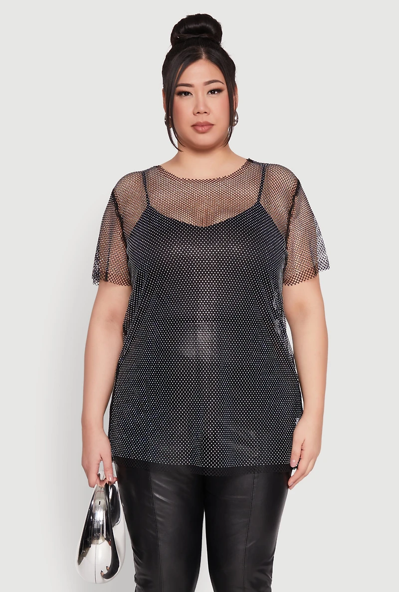 Womens Plus Rhinestone Studded Fishnet Top, 1X
