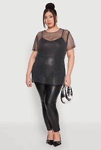 Womens Plus Size Rhinestone Studded Fishnet Top, Black, Size 3X