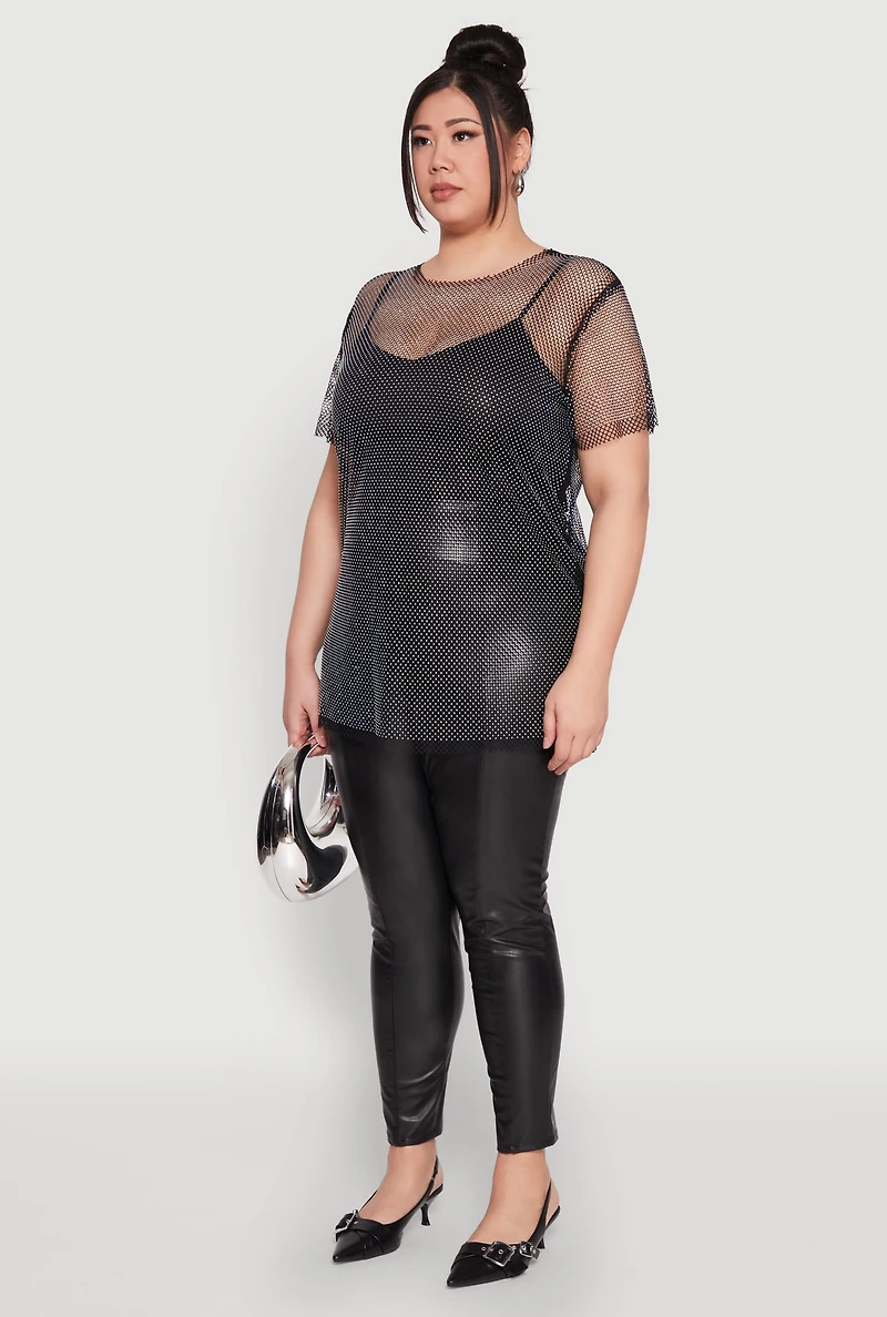 Womens Plus Rhinestone Studded Fishnet Top, 1X