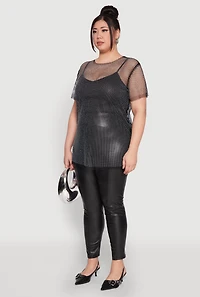 Womens Plus Rhinestone Studded Fishnet Top, 1X