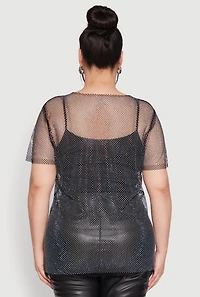 Womens Plus Rhinestone Studded Fishnet Top, 1X