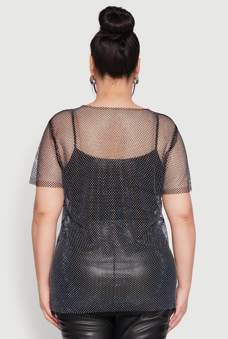 Womens Plus Rhinestone Studded Fishnet Top, 1X