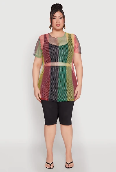 Womens Plus Size Rhinestone Studded Fishnet Top, Multi, Size 2X