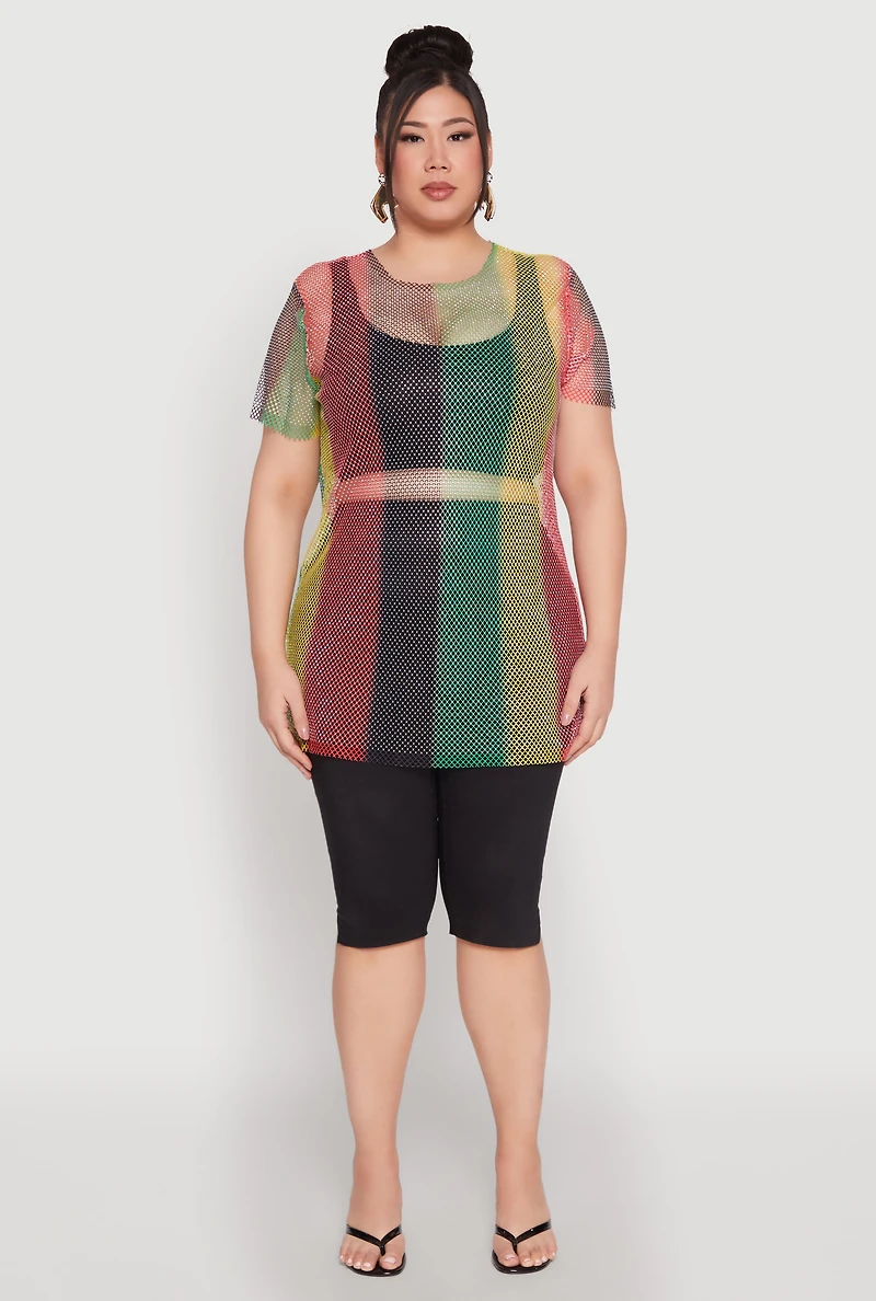 Plus Rhinestone Studded Fishnet Top