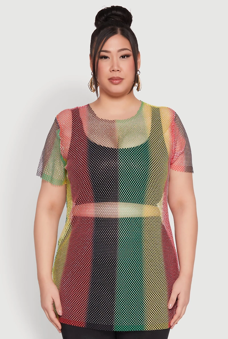 Womens Plus Size Rhinestone Studded Fishnet Top, Multi, Size 1X