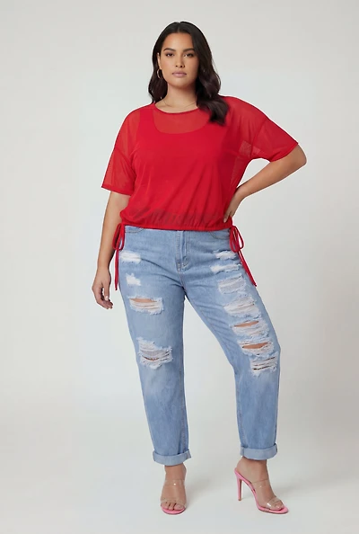 Plus Short Sleeve Mesh Top with Side Ties