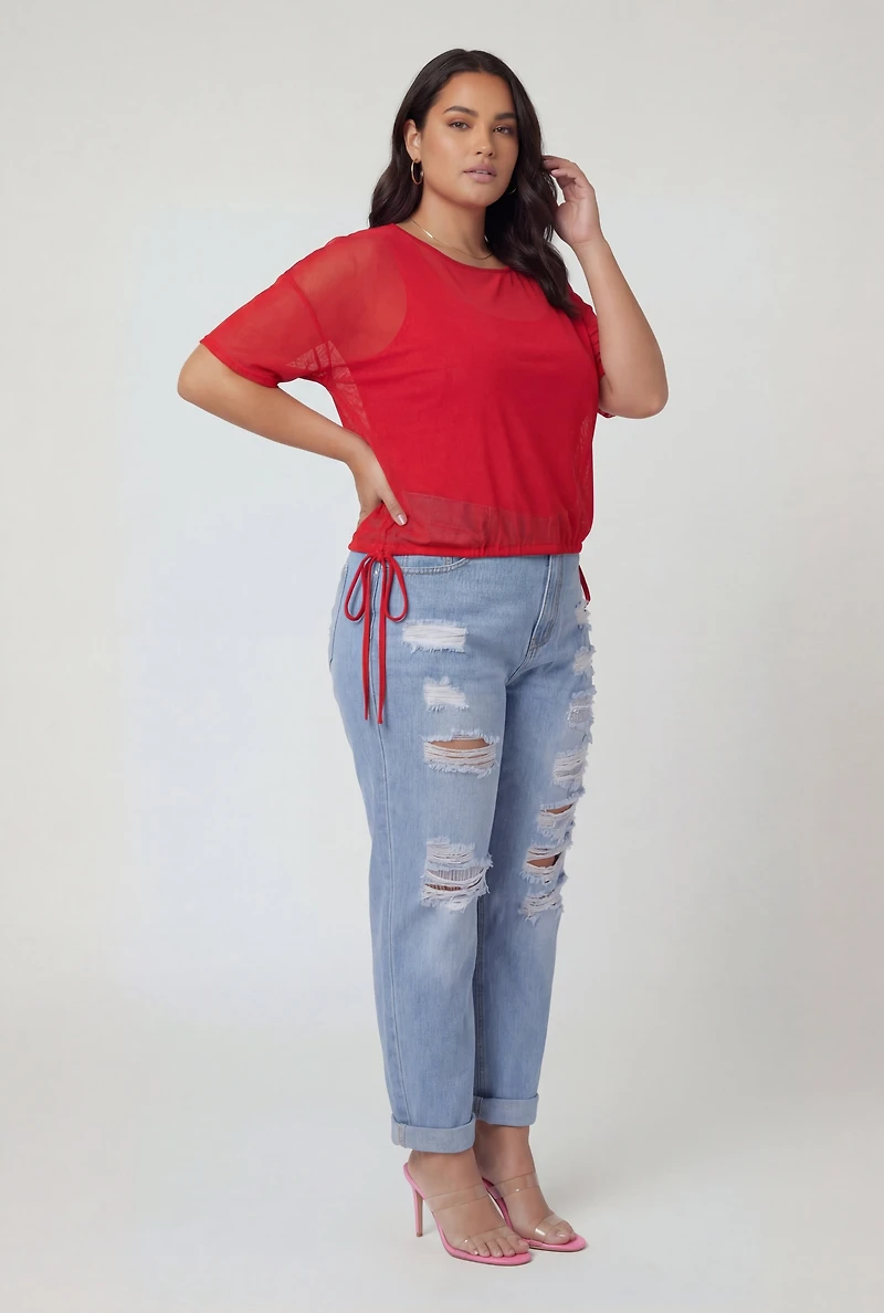Plus Short Sleeve Mesh Top with Side Ties