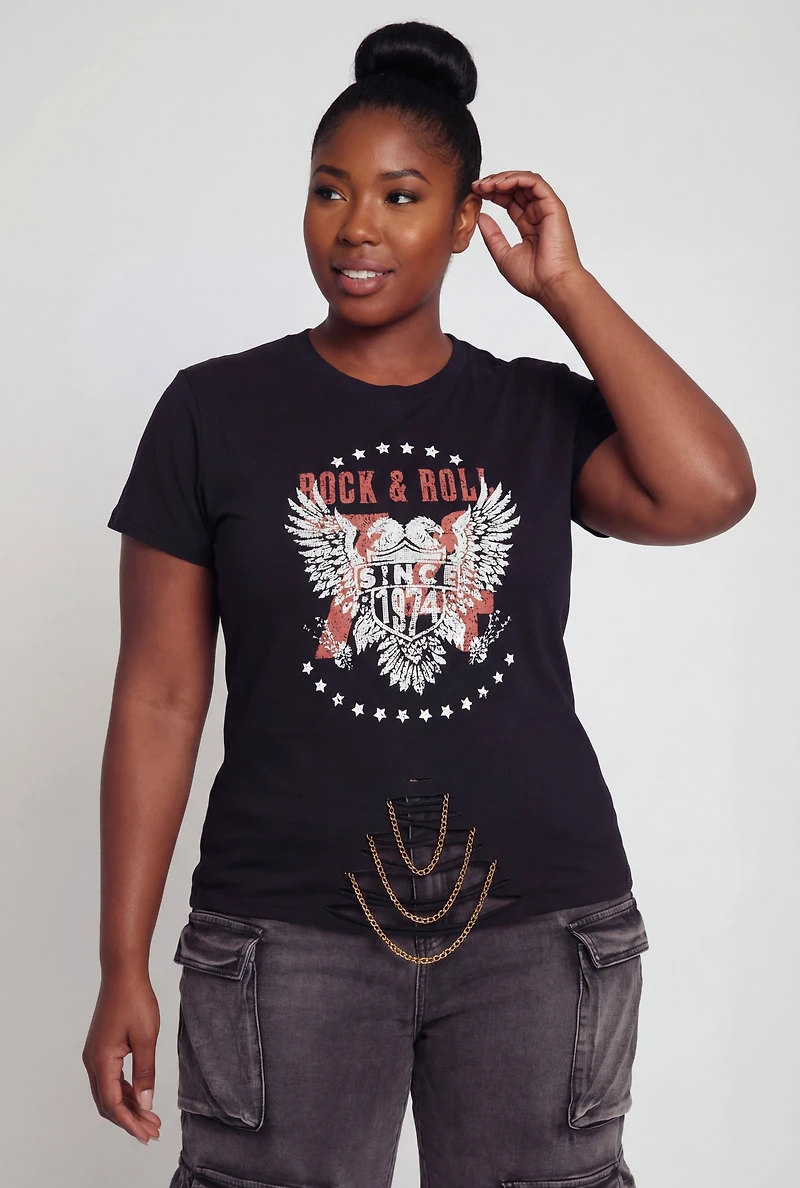 Plus Rock and Roll Graphic Laser Cut Chain Detail Tee