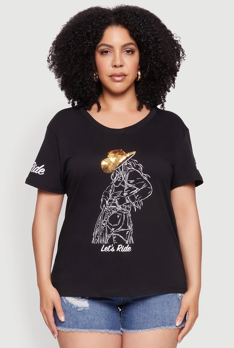 Womens Plus Lets Ride Graphic Crew Neck T-Shirt,