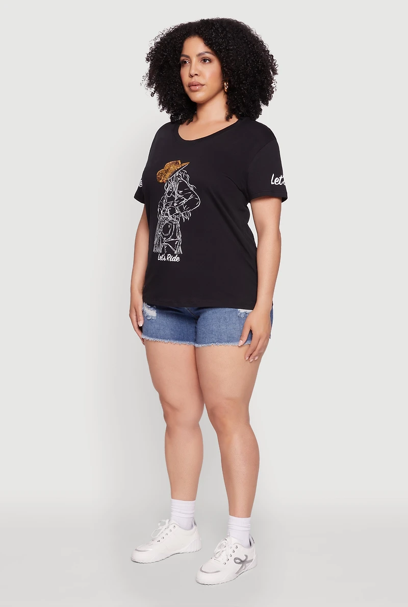 Womens Plus Lets Ride Graphic Crew Neck T-Shirt,