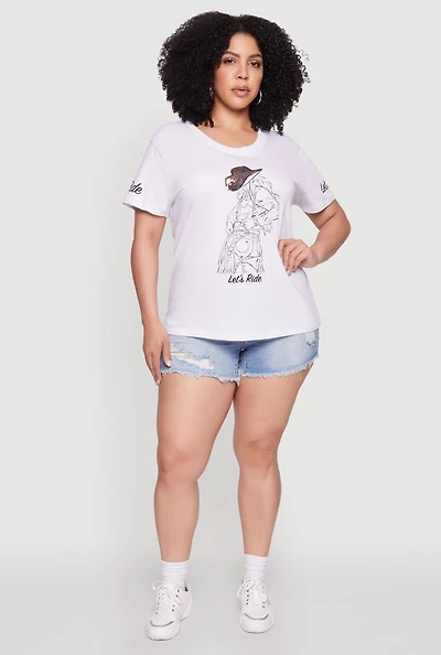 Womens Plus Size Lets Ride Graphic Crew Neck T-Shirt, White, Size 2X