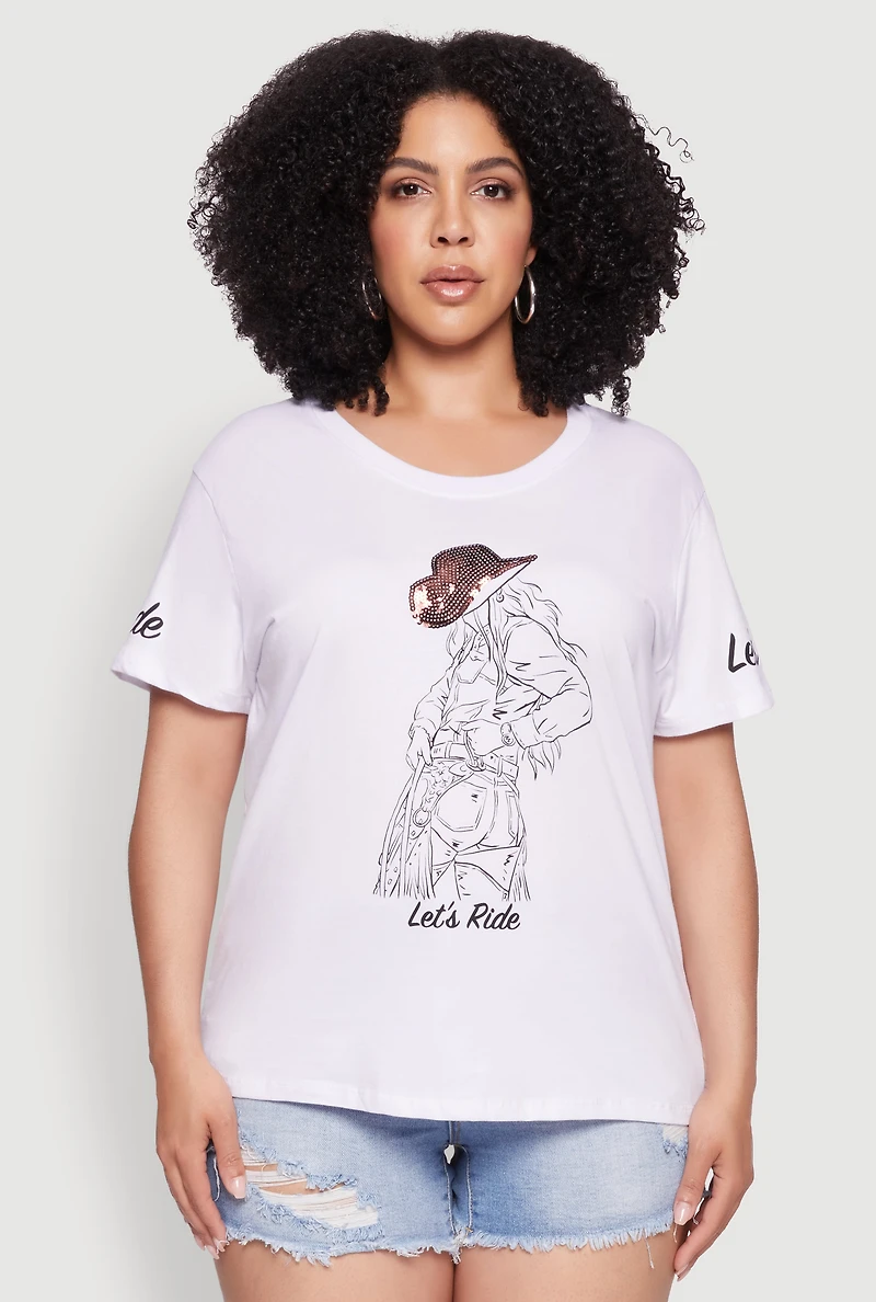 Womens Plus Size Lets Ride Graphic Crew Neck T-Shirt, White, Size 1X