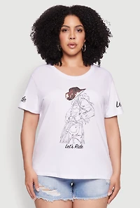 Womens Plus Size Lets Ride Graphic Crew Neck T-Shirt, White, Size 1X