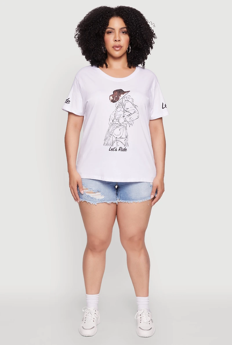 Womens Plus Size Lets Ride Graphic Crew Neck T-Shirt, White, Size 2X